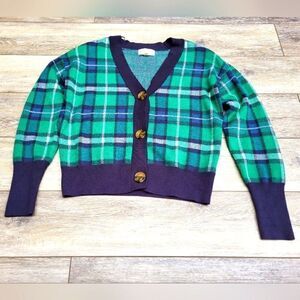Marled Preppy Cardigan Classic Plaid Pattern Green/Navy Blue/White Size xs
